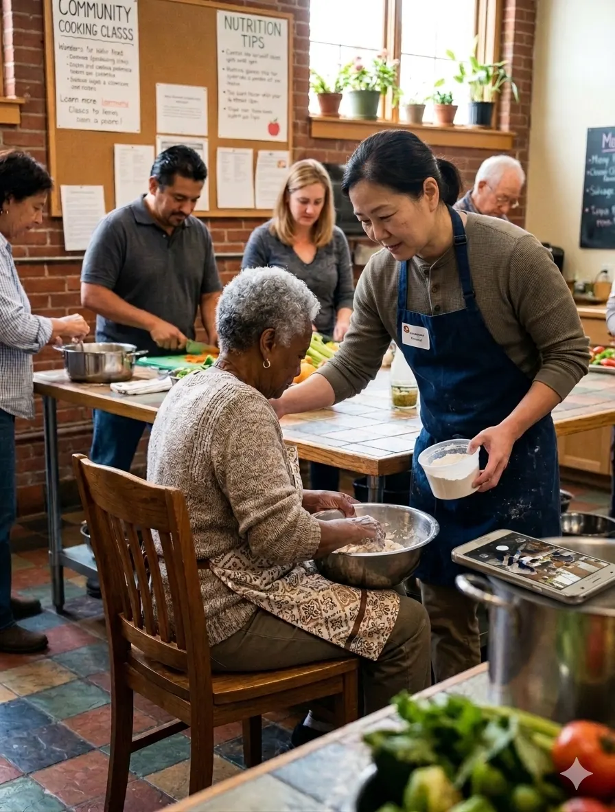 Caregiver leading a community cooking and nutrition class