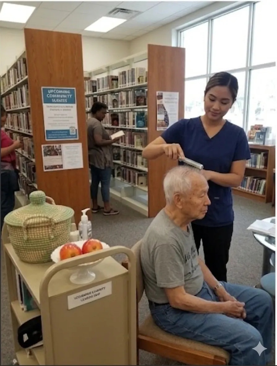 Ama Ultimate caregiver grooming a senior client with dignity